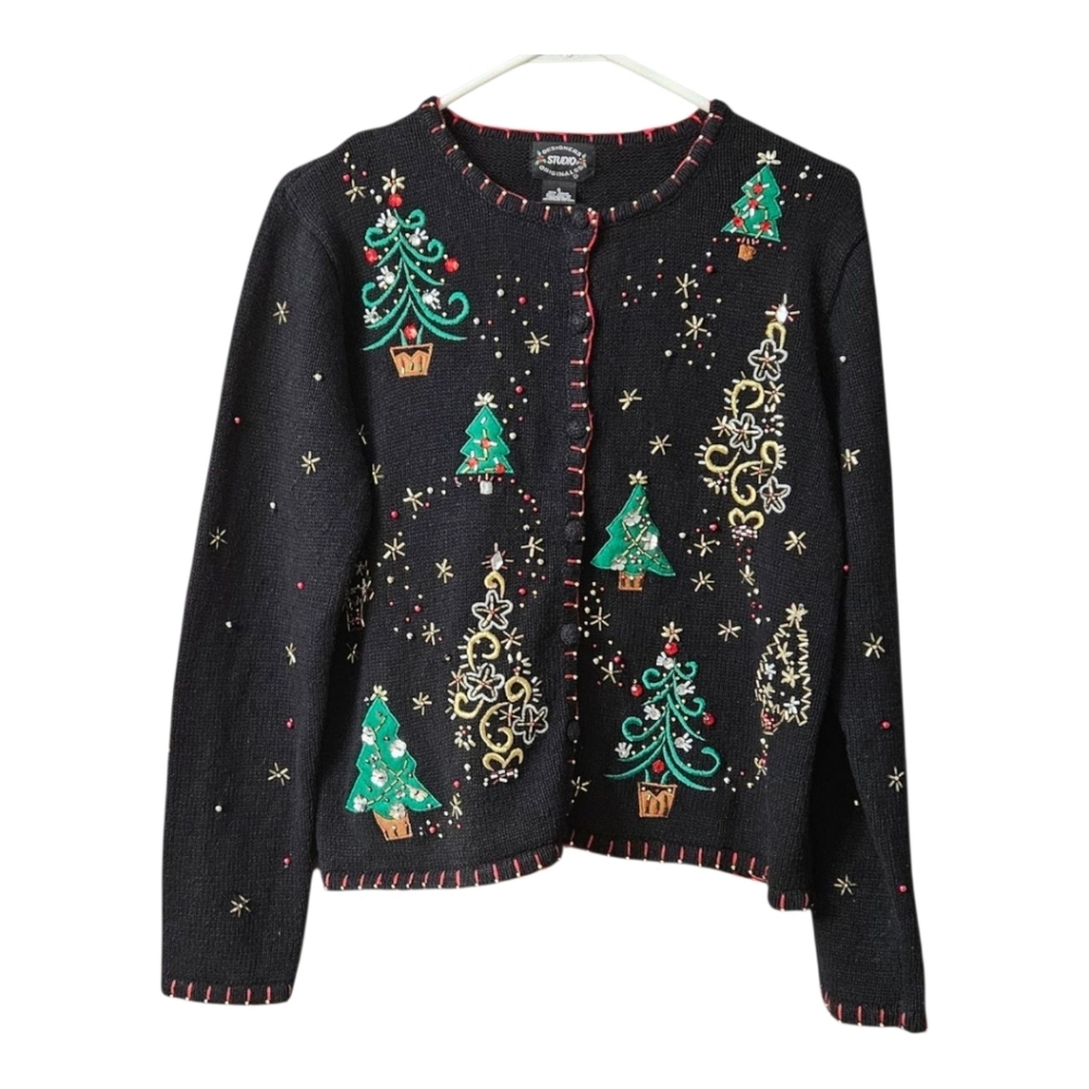 Designer Originals Christmas Cardigan Sweater Beaded Embroidered Women's Small